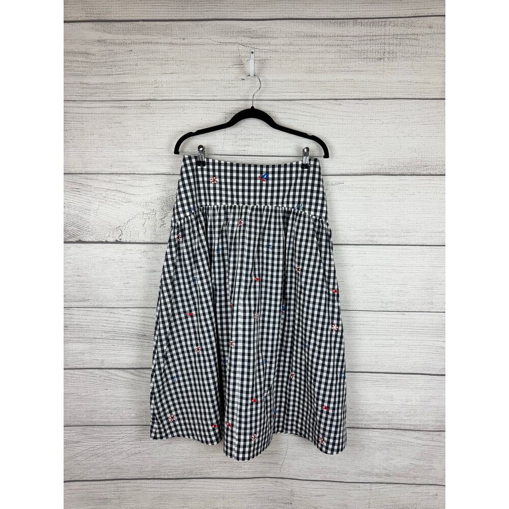 Free Assembly Women's Nautical Navy Embroidered Gingham Midi Skirt Size 6 - Picture 2 of 9